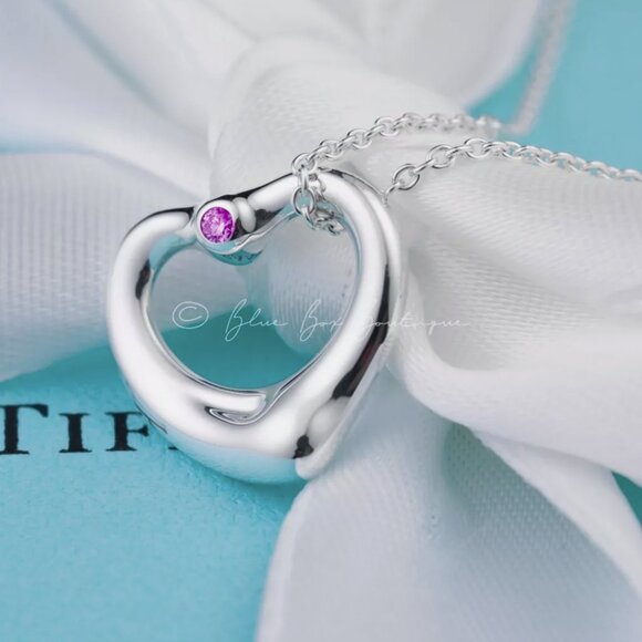 Tiffany & Co. Pink Sapphire Necklace Elsa Peretti Open Heart Pendant 16mm in Sil - Picture 4 of 6